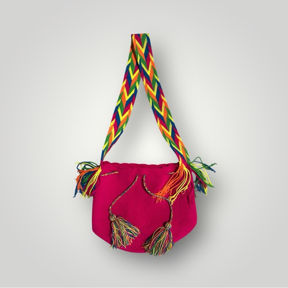Handwoven Bucket Bag Pink Multicolor Strap Tassels Boho Festival Crossbody